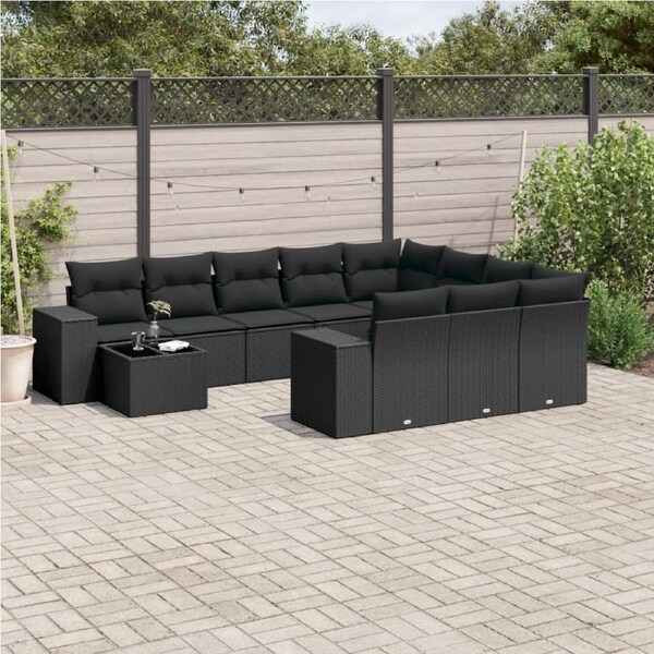 11 Piece Garden Sofa Set with Cushions Black Poly Rattan vidaXL