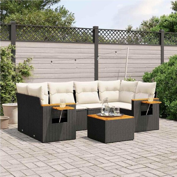 7 Piece Garden Sofa Set with Cushions Black Poly Rattan vidaXL