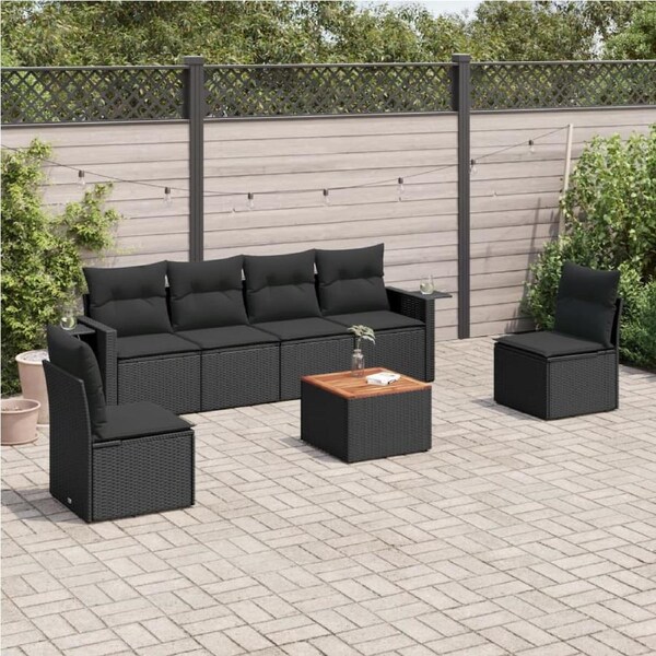 7 Piece Garden Sofa Set with Cushions Black Poly Rattan vidaXL