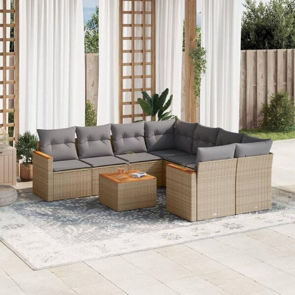 9 Piece Garden Sofa Set with Cushions Beige Poly Rattan vidaXL