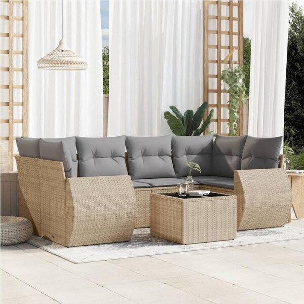7 Piece Garden Sofa Set with Cushions Beige Poly Rattan vidaXL