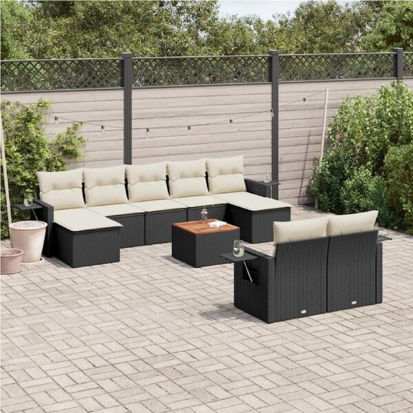 10 Piece Garden Sofa Set with Cushions Black Poly Rattan vidaXL