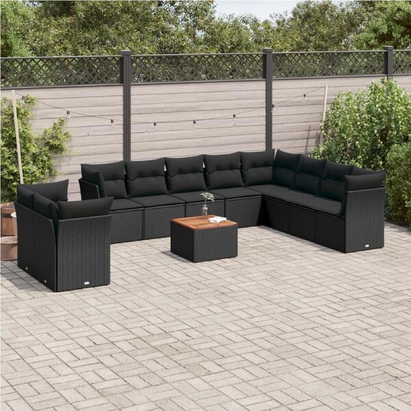 11 Piece Garden Sofa Set with Cushions Black Poly Rattan vidaXL