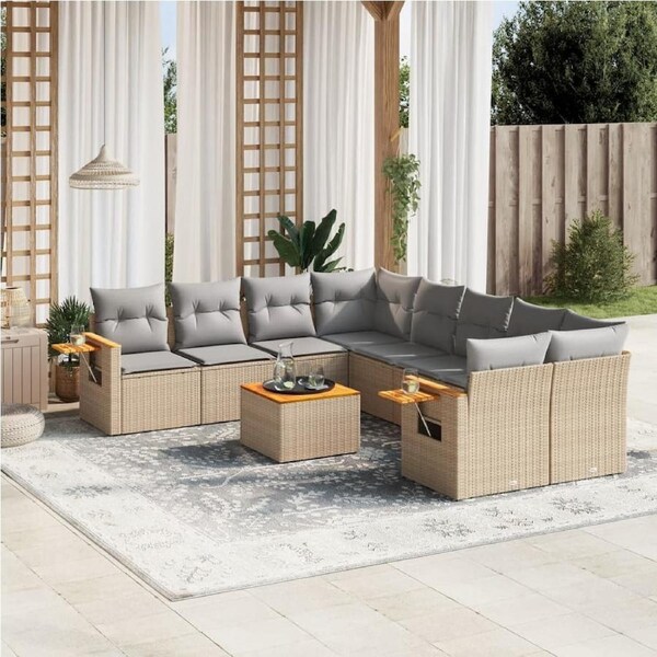 9 Piece Garden Sofa Set with Cushions Beige Poly Rattan vidaXL