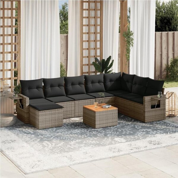 9 Piece Garden Sofa Set with Cushions Grey Poly Rattan vidaXL