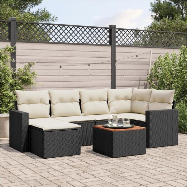 7 Piece Garden Sofa Set with Cushions Black Poly Rattan vidaXL