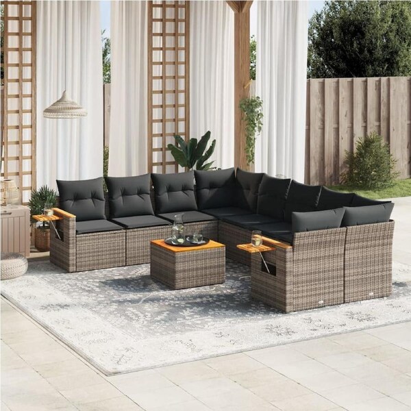 9 Piece Garden Sofa Set with Cushions Grey Poly Rattan vidaXL