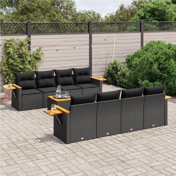9 Piece Garden Sofa Set with Cushions Black Poly Rattan vidaXL