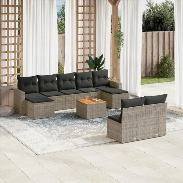 10 Piece Garden Sofa Set with Cushions Grey Poly Rattan vidaXL