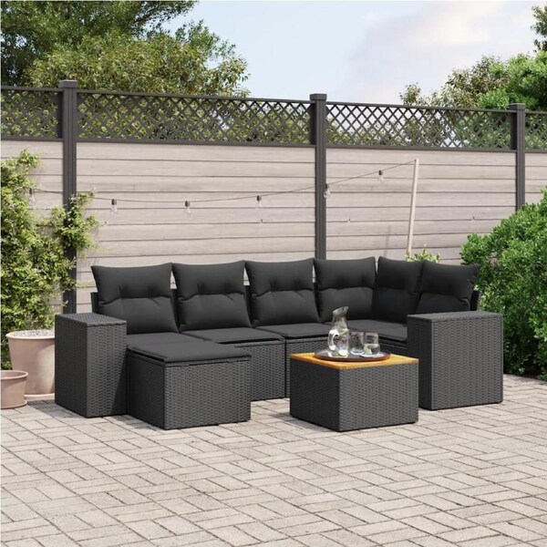 7 Piece Garden Sofa Set with Cushions Black Poly Rattan vidaXL