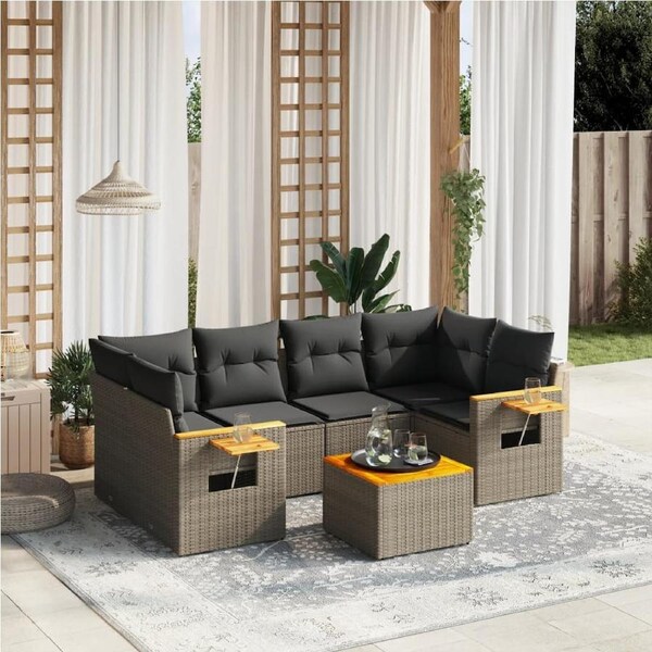 7 Piece Garden Sofa Set with Cushions Grey Poly Rattan vidaXL