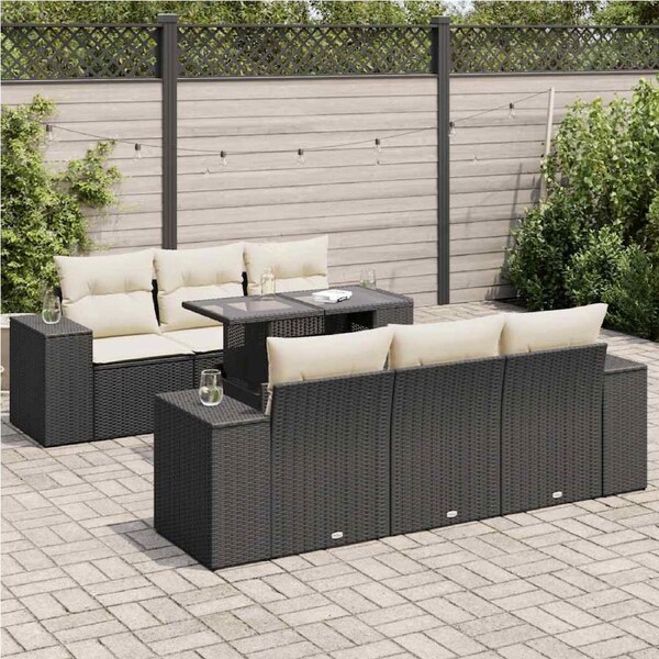 7 Piece Garden Sofa Set with Cushions Black Poly Rattan vidaXL