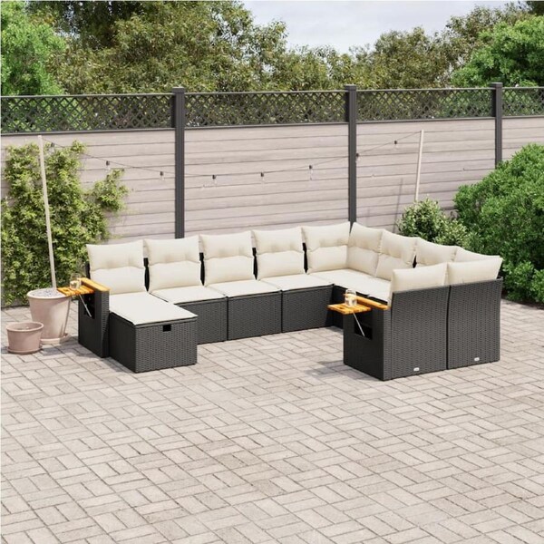 10 Piece Garden Sofa Set with Cushions Black Poly Rattan vidaXL