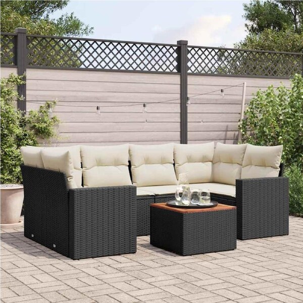 7 Piece Garden Sofa Set with Cushions Black Poly Rattan vidaXL