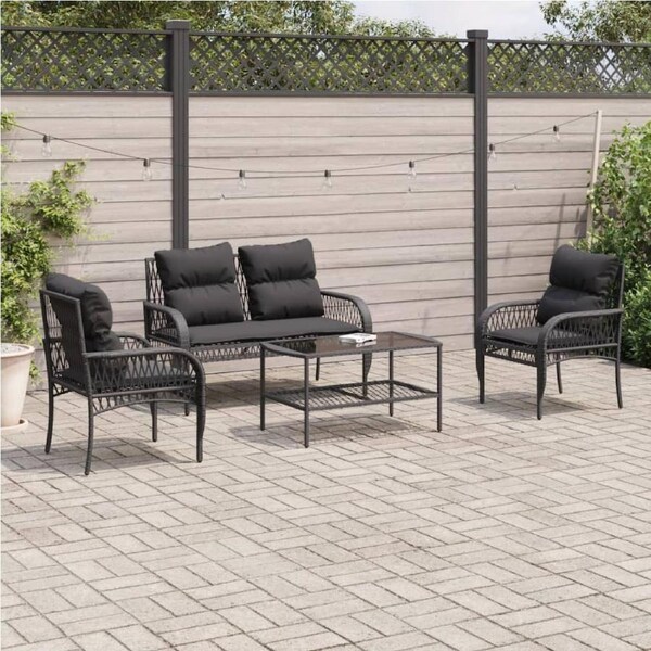 4 Piece Garden Sofa Set with Cushions Black Poly Rattan vidaXL