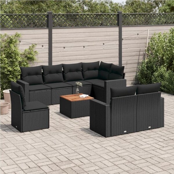 9 Piece Garden Sofa Set with Cushions Black Poly Rattan vidaXL