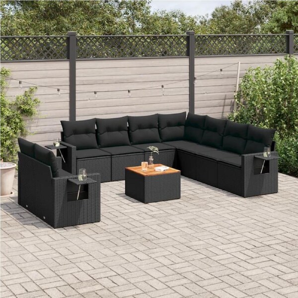 10 Piece Garden Sofa Set with Cushions Black Poly Rattan vidaXL