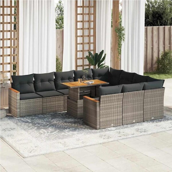 11 Piece Garden Sofa Set with Cushions Grey Poly Rattan Acacia vidaXL