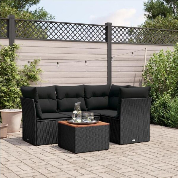 5 Piece Garden Sofa Set with Cushions Black Poly Rattan vidaXL