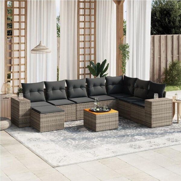 9 Piece Garden Sofa Set with Cushions Grey Poly Rattan vidaXL