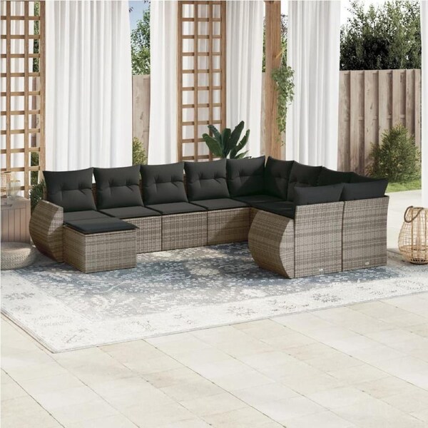 10 Piece Garden Sofa Set with Cushions Grey Poly Rattan vidaXL