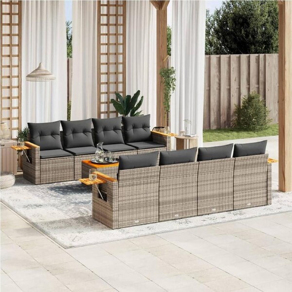 9 Piece Garden Sofa Set with Cushions Grey Poly Rattan vidaXL