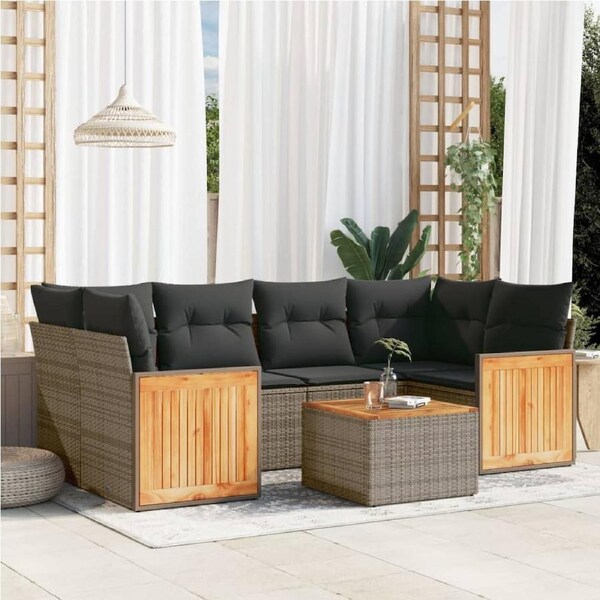 7 Piece Garden Sofa Set with Cushions Grey Poly Rattan vidaXL