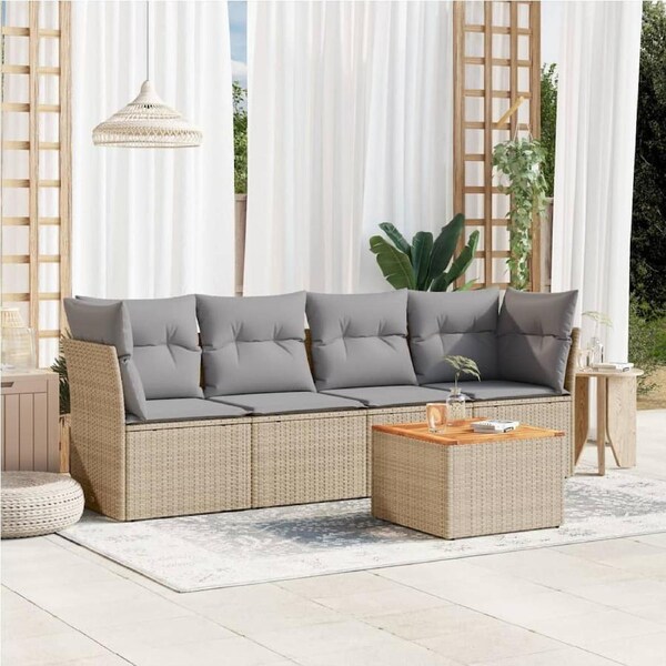 5 Piece Garden Sofa Set with Cushions Mix Beige Poly Rattan vidaXL