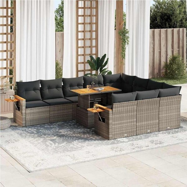 10 Piece Garden Sofa Set with Cushions Grey Poly Rattan Acacia vidaXL