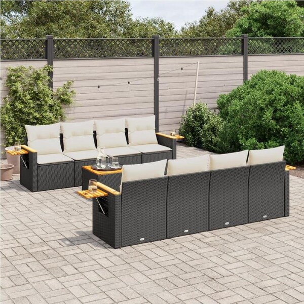 9 Piece Garden Sofa Set with Cushions Black Poly Rattan vidaXL