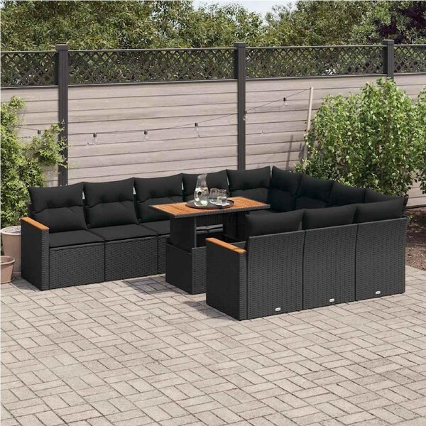 11 Piece Garden Sofa Set with Cushions Black Poly Rattan Acacia vidaXL