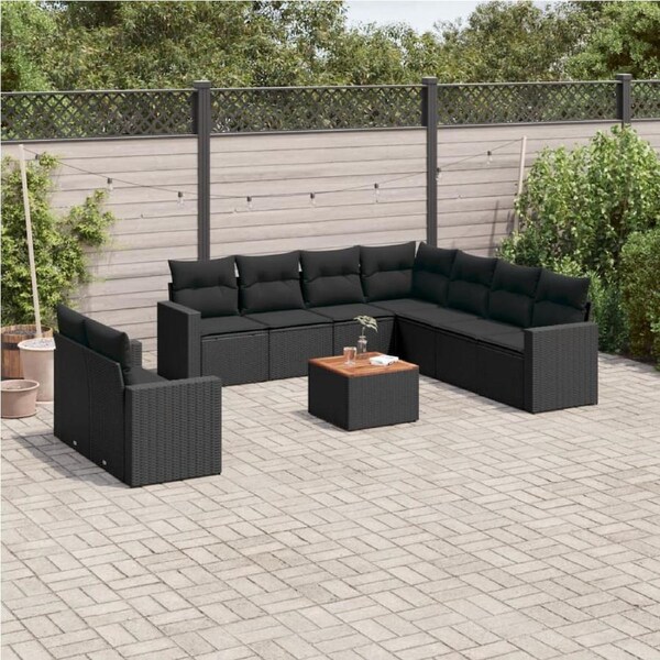 10 Piece Garden Sofa Set with Cushions Black Poly Rattan vidaXL