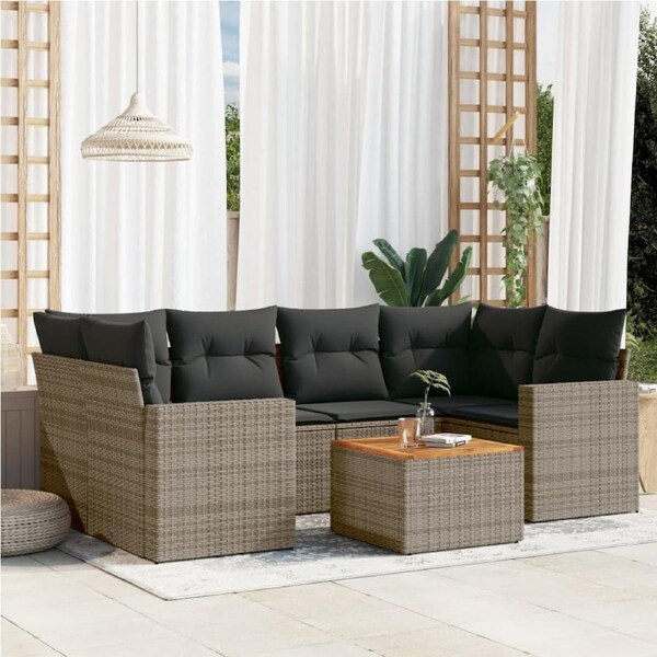 7 Piece Garden Sofa Set with Cushions Grey Poly Rattan vidaXL