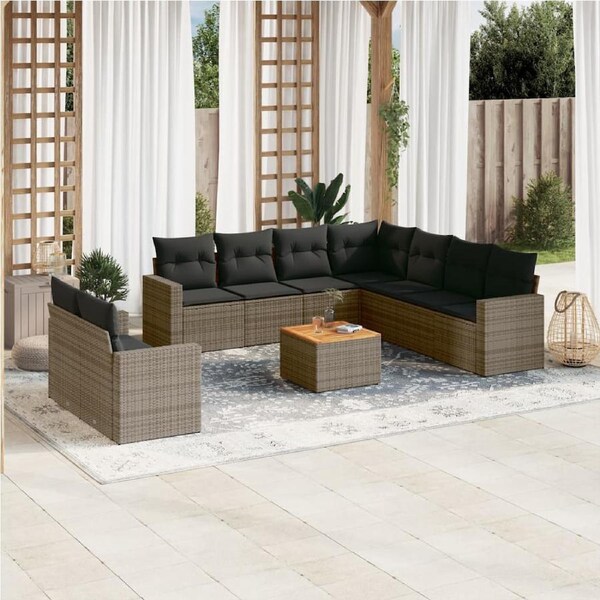 10 Piece Garden Sofa Set with Cushions Grey Poly Rattan vidaXL