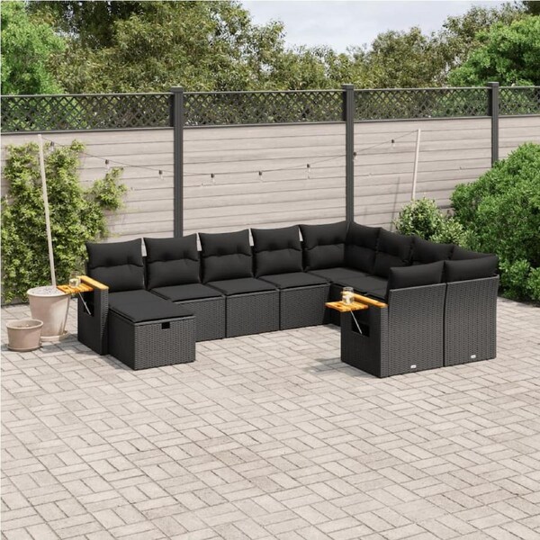 10 Piece Garden Sofa Set with Cushions Black Poly Rattan vidaXL