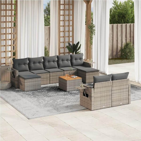 10 Piece Garden Sofa Set with Cushions Grey Poly Rattan vidaXL