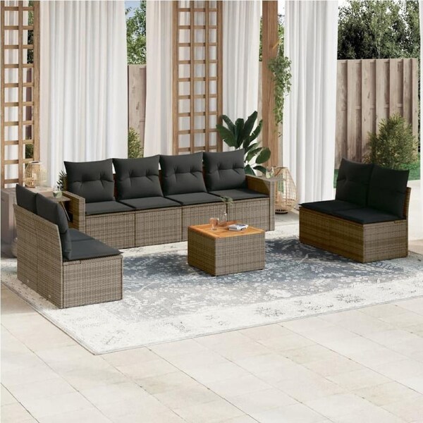 9 Piece Garden Sofa Set with Cushions Grey Poly Rattan vidaXL