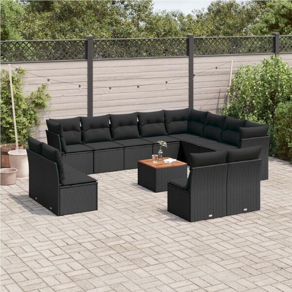 13 Piece Garden Sofa Set with Cushions Black Poly Rattan vidaXL