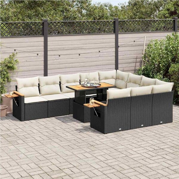 10 Piece Garden Sofa Set with Cushions Black Poly Rattan Acacia vidaXL