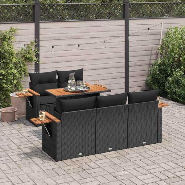 6 Piece Garden Sofa Set with Cushions Black Poly Rattan Acacia vidaXL