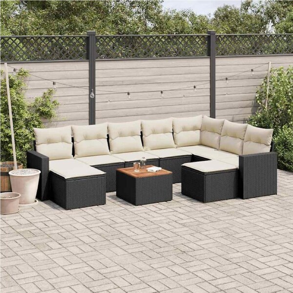 10 Piece Garden Sofa Set with Cushions Black Poly Rattan vidaXL