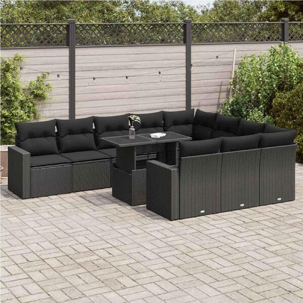 11 Piece Garden Sofa Set with Cushions Black Poly Rattan vidaXL