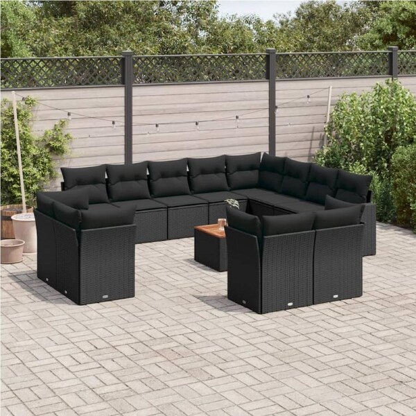 13 Piece Garden Sofa Set with Cushions Black Poly Rattan vidaXL