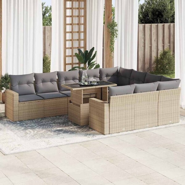 11 Piece Garden Sofa Set with Cushions Beige Poly Rattan vidaXL