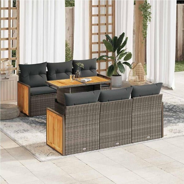7 Piece Garden Sofa Set with Cushions Grey Poly Rattan Acacia vidaXL