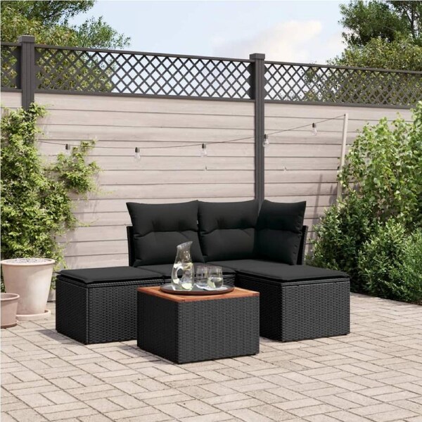 5 Piece Garden Sofa Set with Cushions Black Poly Rattan vidaXL