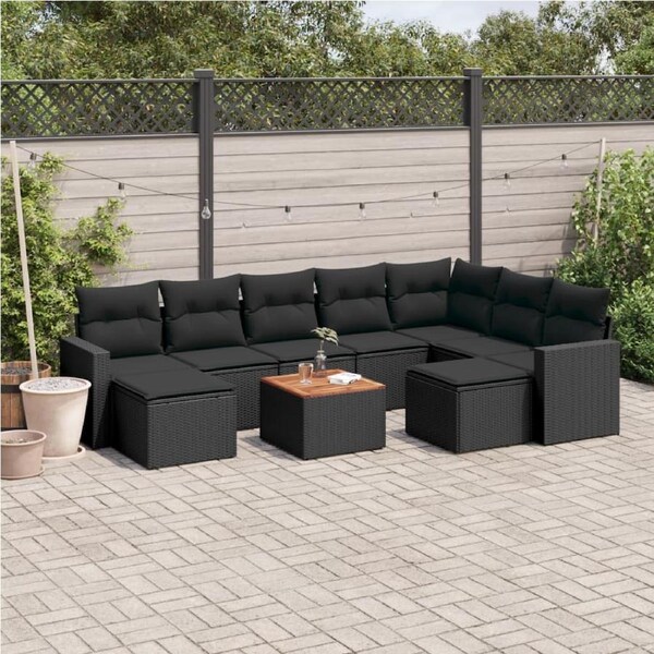 10 Piece Garden Sofa Set with Cushions Black Poly Rattan vidaXL