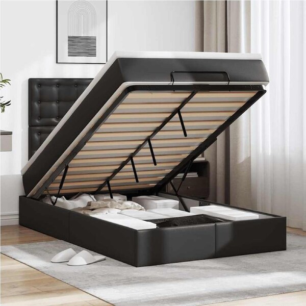 Ottoman Bed with Mattress & LEDs Black King Single Faux Leather vidaXL