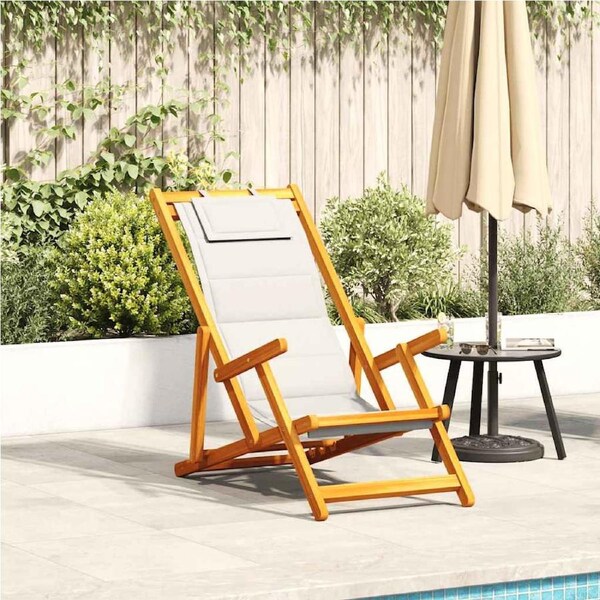 Folding Beach Chair with Armrests Light Grey Acacia Wood & Textilene vidaXL