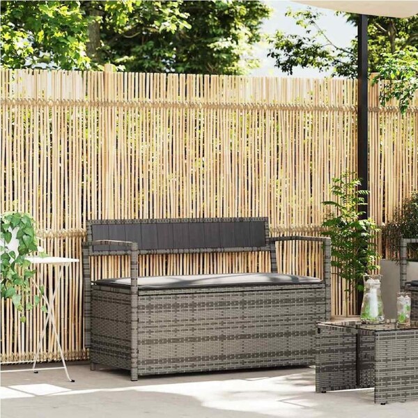 Garden Storage Bench with Cushion Grey Poly Rattan vidaXL